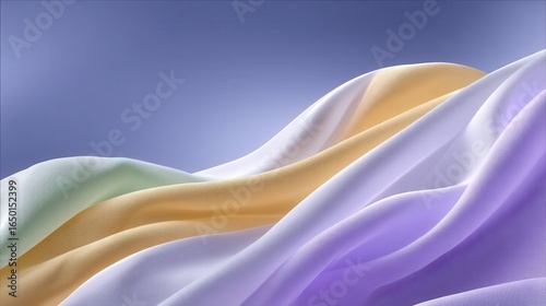 Soft pastel draped fabrics create a serene, flowing texture against a gradient background.