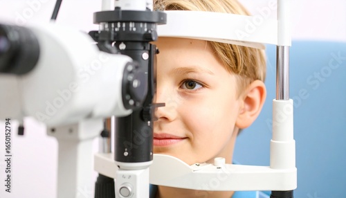 Child eye exam with slit-lamp microscope.