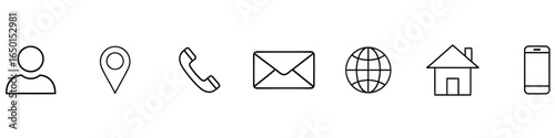 Contact icons. Contact sign vector set. Telephone number symbol, email logo. Location address line icon set. Contact us icon minimalistic set