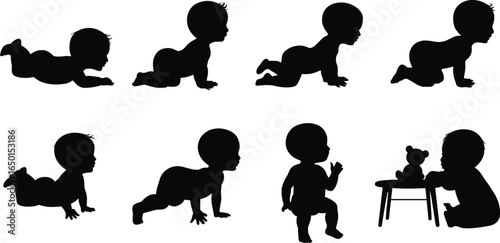 baby crawling silhouette stages, infant crawling positions, newborn movement stages, toddler sitting 