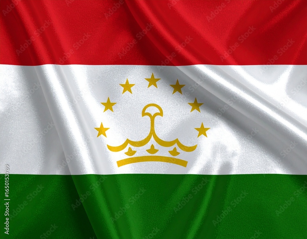 Fototapeta premium Tajikistan National Flag with Red, White, and Green Horizontal Stripes Featuring Central Golden Crown and Seven Stars in Semicircle