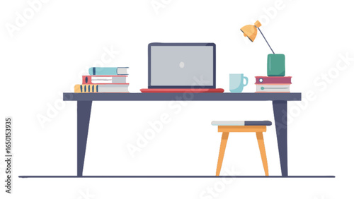 Illustration of a workspace with a laptop books lamp mug and stool on a table against a white background