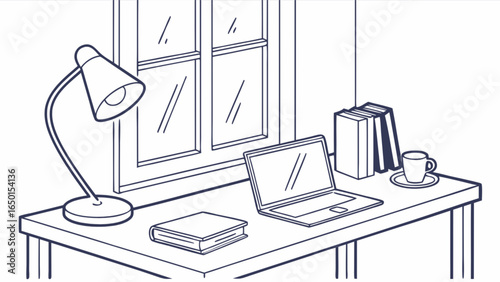 Illustration of a desk with a laptop, lamp, books, and a cup of coffee in front of a window pane