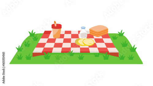 Picnic scene featuring a checkered blanket with food items like a drink, milk, bread and sliced fruit