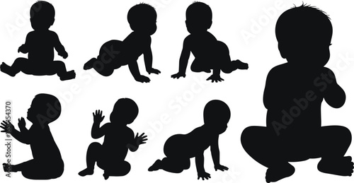 Baby crawling silhouette vector illustration, infant sitting and crawling poses, newborn black shadow design, toddler activity clipart, child growth stages, baby posture art, baby silhouette graphic