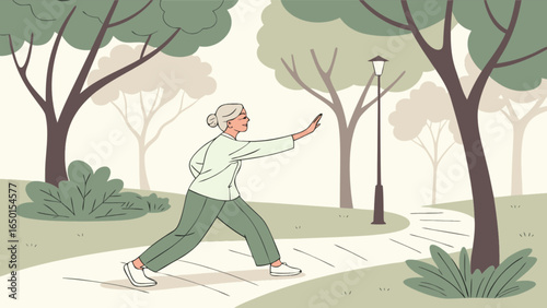 Woman practicing tai chi in a park with trees and a lamppost on a winding path in the daytime scene