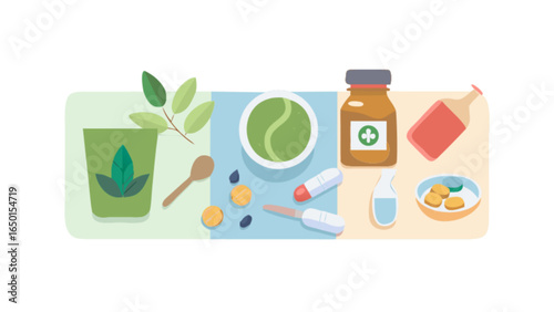 Illustration of various herbal medicine and alternative therapy elements on colored backgrounds