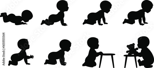 Baby development stages silhouette from crawling to playing, infant growth and learning process, child motor skills, early childhood activities, newborn to toddler life illustration