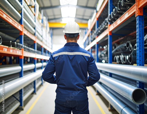 Rear view of an industrial worker in a hard hat managing inventory of pipes in a modern warehouse aisle