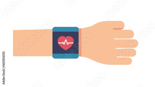 Illustration of a wrist wearing a smart watch displaying a heart rate monitor in a flat design style