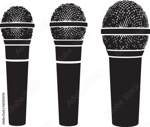 Three black microphones on white background audio sound