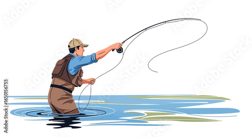 Fisherman Casting Line In Tranquil River Preparing To Reel in The Prize Catch