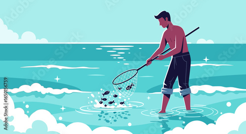 Fisherman Catching Fish With Net In Ocean Summer Holiday Activity
