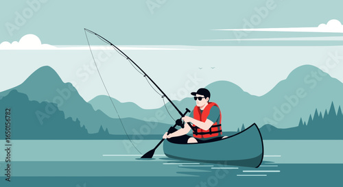 Fisherman Enjoying Serene Lake With Mountains During Weekend Getaway Outdoor