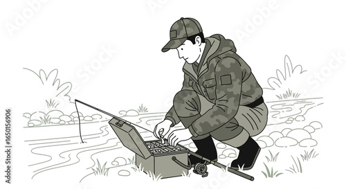 Fisherman Preparing Tackle Near The River For Casting His Fishing Rod