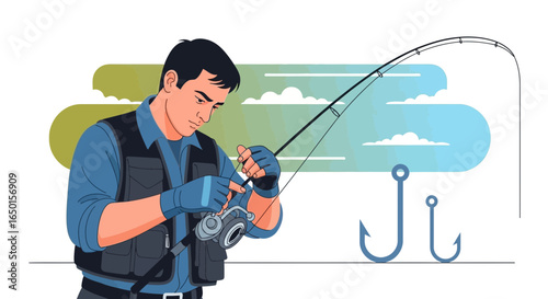Fisherman Preparing Equipment for a Successful Day of Sport Fishing at the River