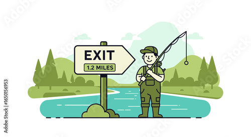 Fisherman Seeking Tranquility Next To Exit In Wooded Area On A Relaxing Day
