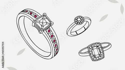 Illustration of three rings with different stone shapes and band designs on a white backdrop art