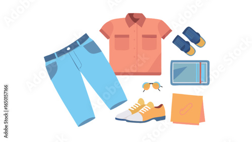 Arrangement of clothing items including jeans shirt shoes sunglasses and other accessories displayed