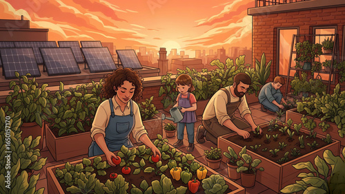 Illustrations promoting sustainable living, renewable energy, and eco-friendly habits.