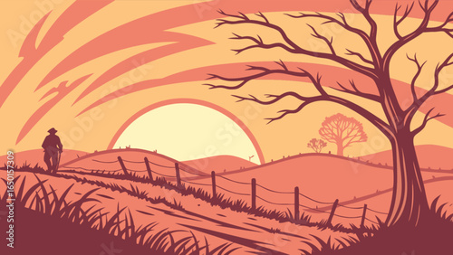 Silhouette of a man walking on a path at sunset with a bare tree and rolling hills in the background landscape