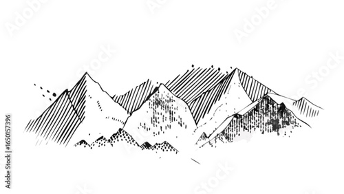 Illustration of a mountain range with various textures and line patterns in black and white ink style