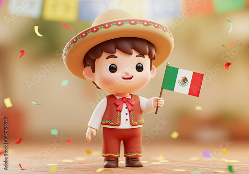 Cute Boy Character holding a small flag Celebrating Mexican Independence Day
