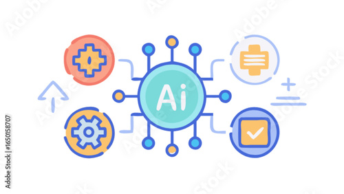 Illustration of artificial intelligence concept with connected icons and ai text inside circle
