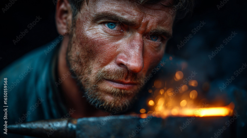 Artisan's Forge: A close-up view of a skilled artisan engrossed in the craft of metalworking, with sparks flying in the intense heat of the forge. Evokes the dedication, skill. Artisan's Forge: A close-up view of a skilled artisan engrossed in the craft of metalworking, with sparks flying in the intense heat of the forge. Evokes the dedication, skill.
