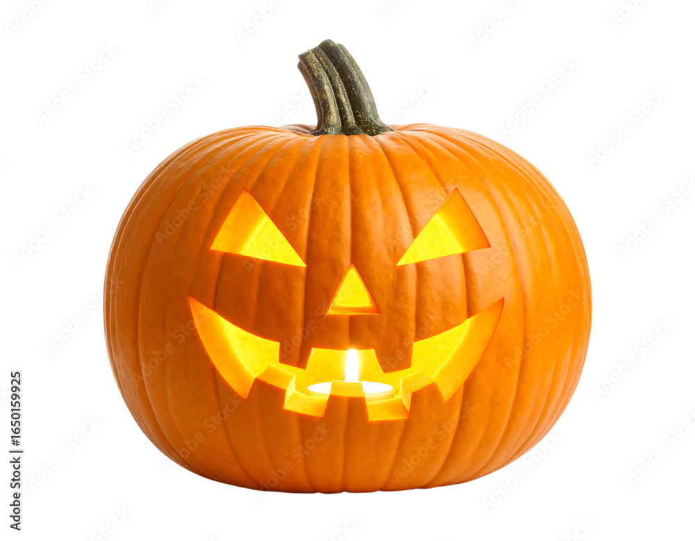 Fototapeta premium Jack-o'-lantern with glowing face, Halloween spirit and decoration