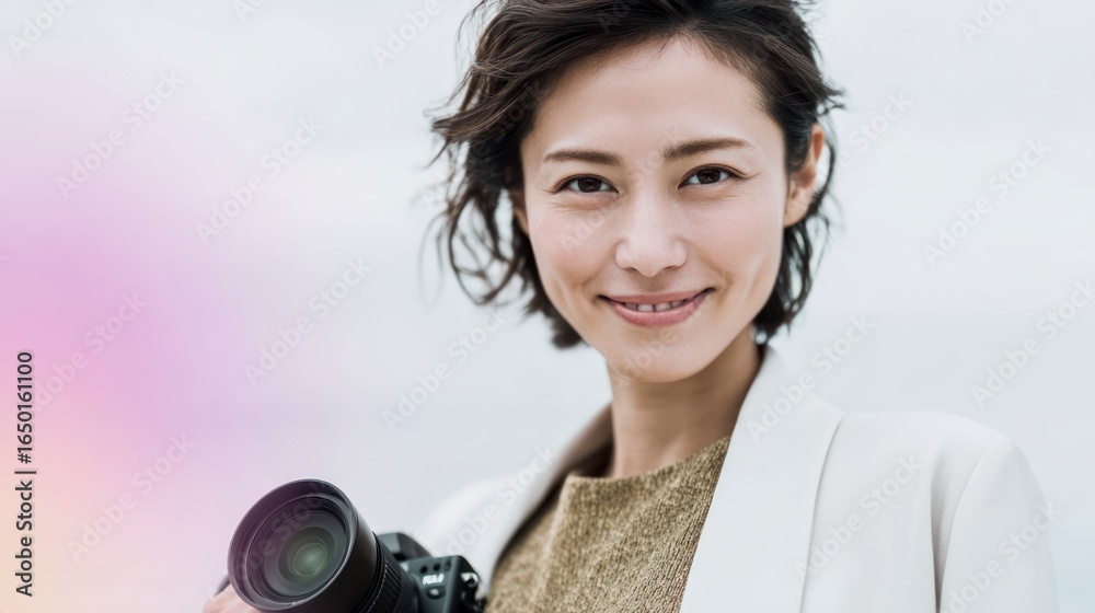 Fototapeta premium Smiling Asian woman holding a professional camera outdoors with a soft background