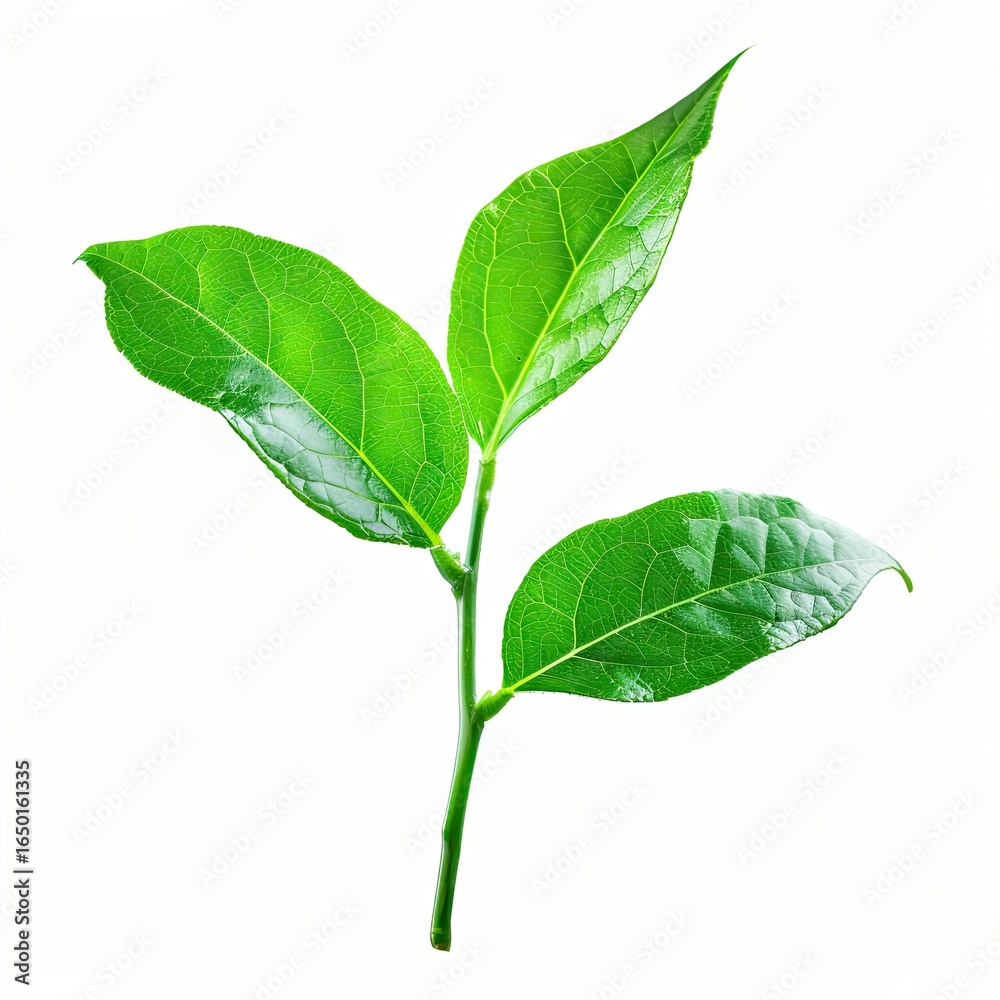 Fototapeta premium Fresh green tea leaves on a stem against white