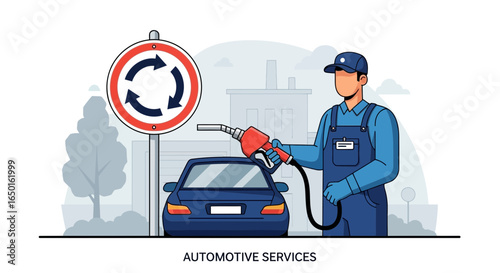 Gas Station Attendant Filling Up Vehicle At The Fuel Pump Illustration