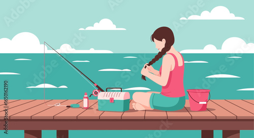 Girl Braiding Hair By The Sea On A Dock Relaxing During Vacation
