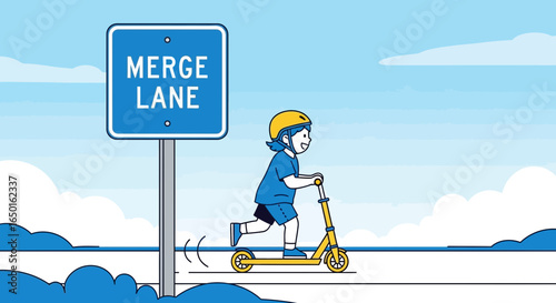 Girl In Helmet Riding Scooter Near Merge Lane Sign On A Sunny Day