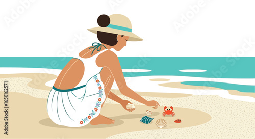 Girl With Hat Collects Seashells By The Sea Enjoying Summer Vacation Day