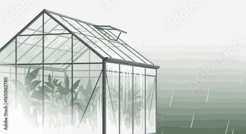 Greenhouse View On A Rainy Day With Plants Growing Inside During Rain