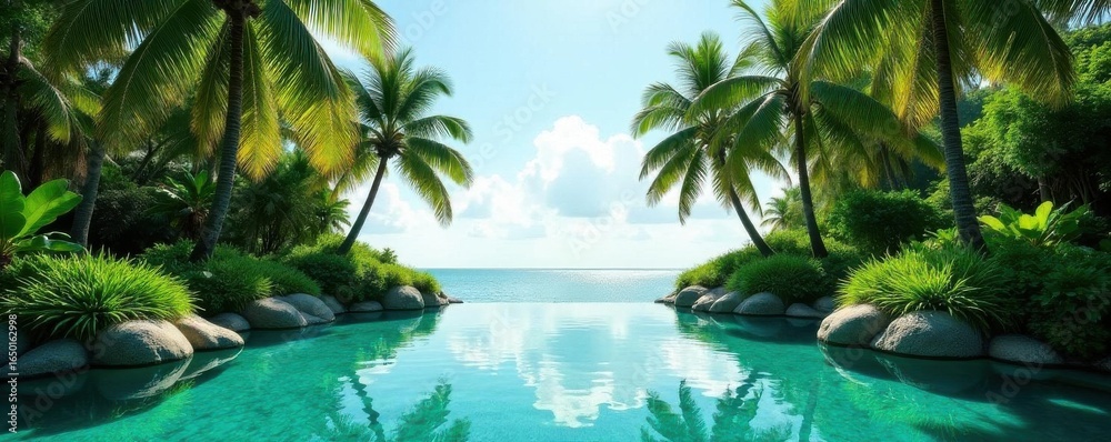 Fototapeta premium Emerald oasis pool, towering palms reflect in azure water, escape, dunes, picture