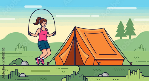 Happy Girl Exercising With Skipping Rope Near Orange Tent For Camping Holiday