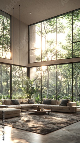 Modern living room with expansive forest views.  Sunlight streams through floor-to-ceiling windows.  Neutral tones and a spacious layout