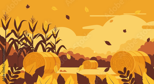 Harvest Season Landscape With Corn Field And Round Hay Bales At Sunset