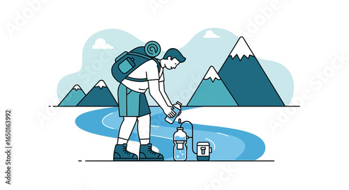 Hiker Filtering Water in Nature Setting with Mountains in Background Vector Illustration