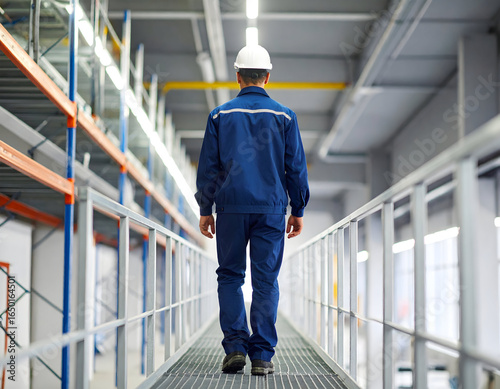 Rear view of an industrial worker in a hard hat and uniform walking confidently down a clean, modern warehouse corridor, symbolizing progress and efficiency in logistics and manufacturing.
