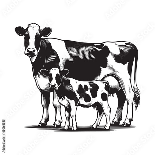 Black and White Vector of Dairy Cow and Calf Standing Pose – Easy Tracing Illustration