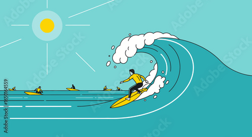 Illustration Of A Surfer Riding A Big Wave Under Bright Sunlight Scene