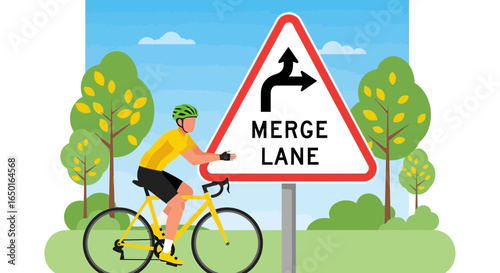 Illustration Of Cyclist Merging Onto Shared Lane Under Merge Lane Signage