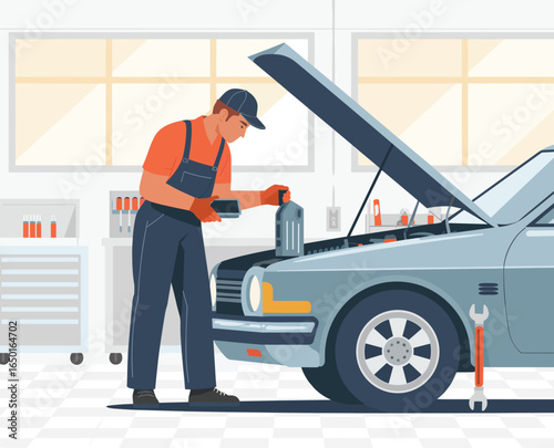 Mechanic Servicing a Classic Car in Auto Repair Shop