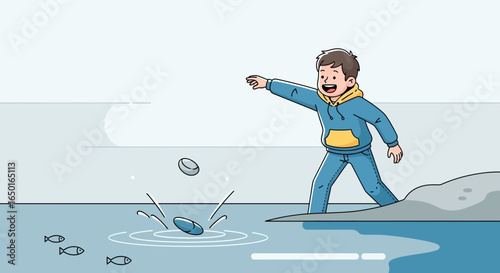 Joyful Youth Stone Skipping: Lakeside Fun on a Sunny Day Illustration
