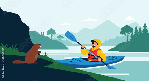 Kayaker Enjoying Nature With Beaver Watching From The Shore During Calm River Day