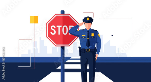 Law Enforcement Officer Saluting Near Stop Sign With Cityscape Background